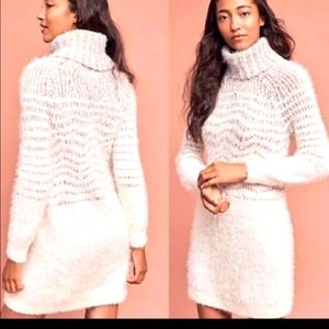 Anthropologie Cream Fuzzy Turtleneck Long-Sleeve Dress